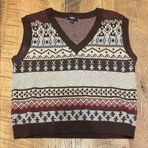 Urban Outfitters V-Neck Sweater Vest - Brown and Red Pattern